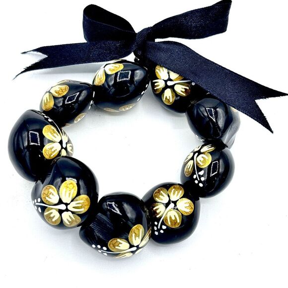 Handpainted Hawaiian Kukui Nut Stretch Bracelet Yellow Hibiscus‎ - Picture 4 of 7